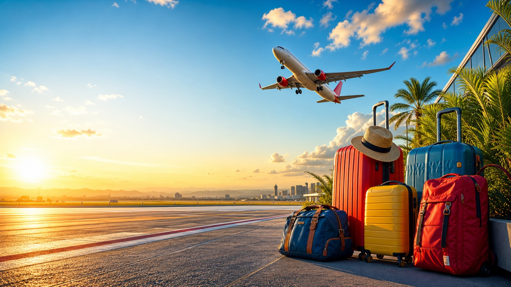 Aviao a descolar com malas coloridas num ambiente de verao