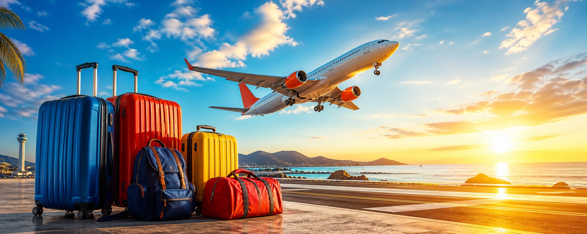 Aviao a descolar com malas de viagem Worldbuy
