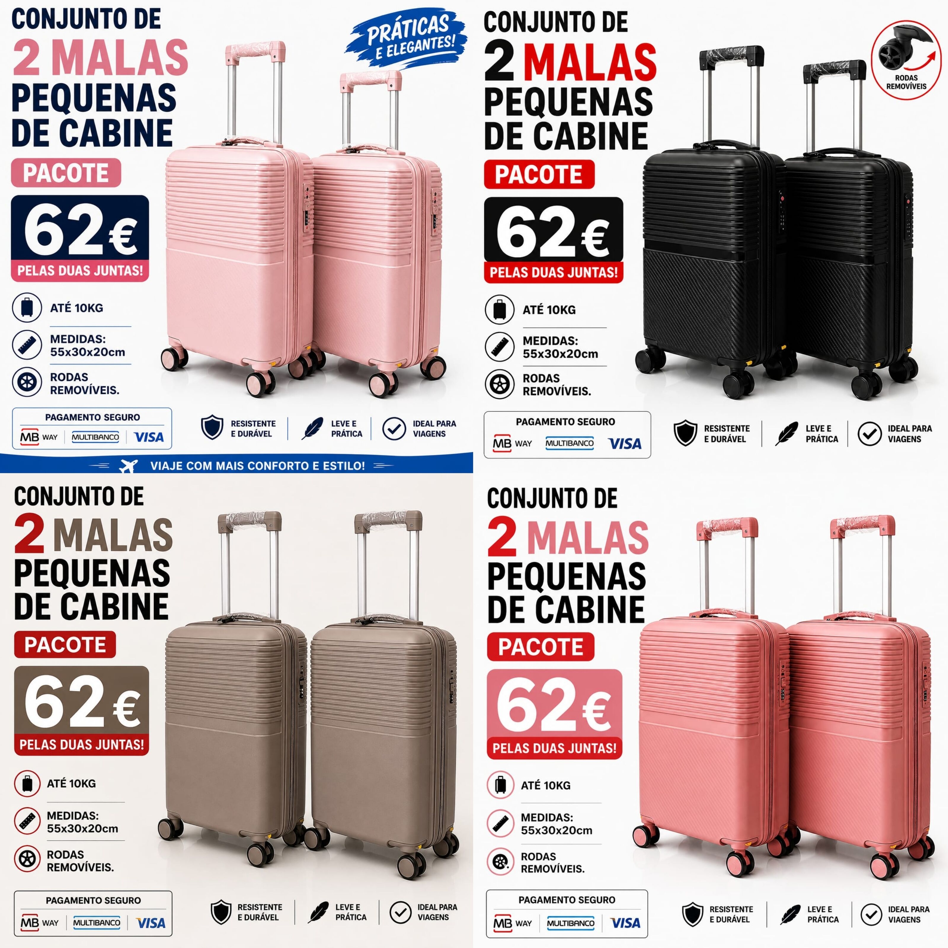 4- Conjunto de 2 Malas Pequenas de Cabine Flexíveis/ (Rodas Saem)