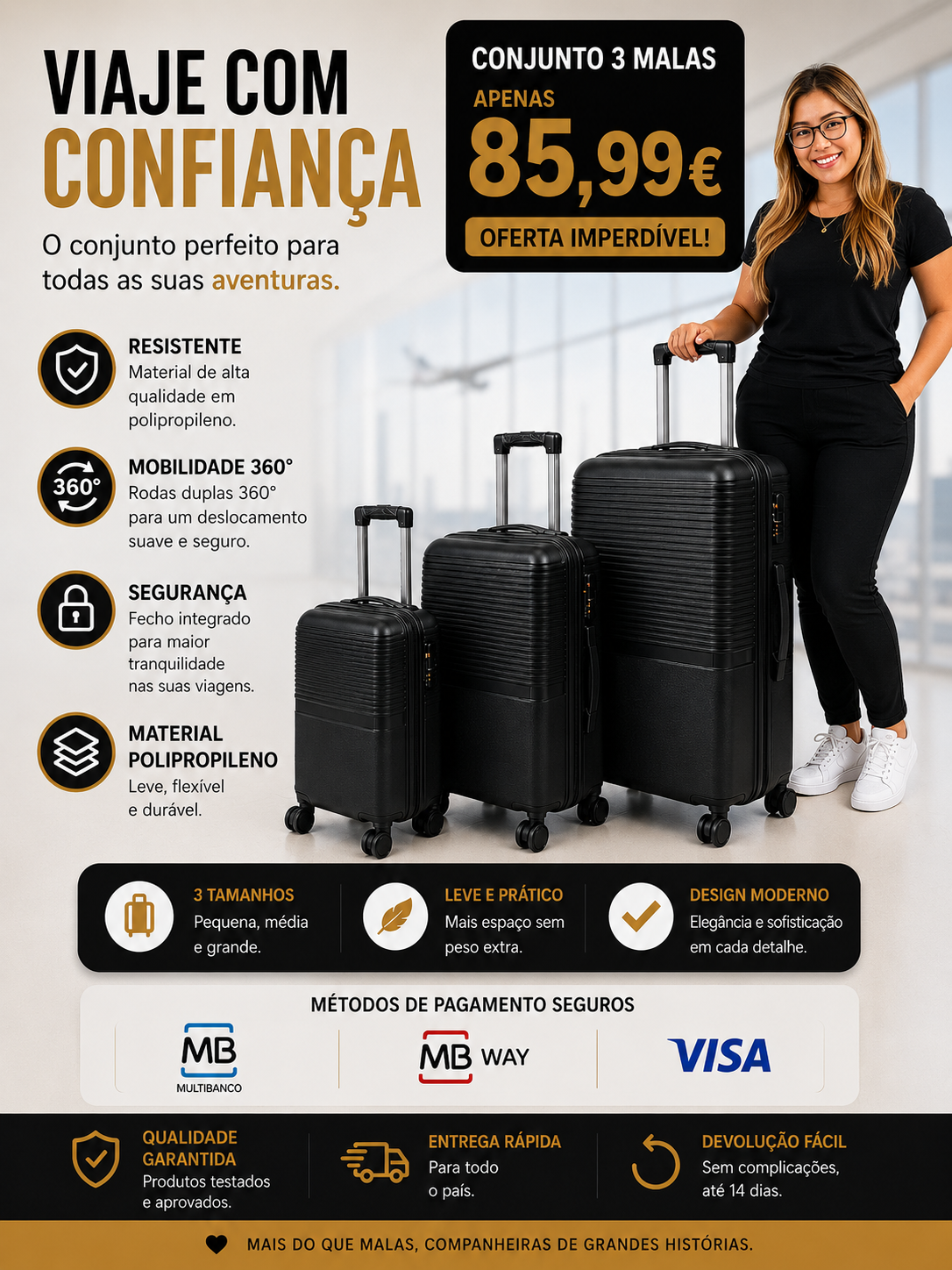 Conjunto 3 Mala de Viagem (Pequeno+Média+Grande) Material Polipropileno