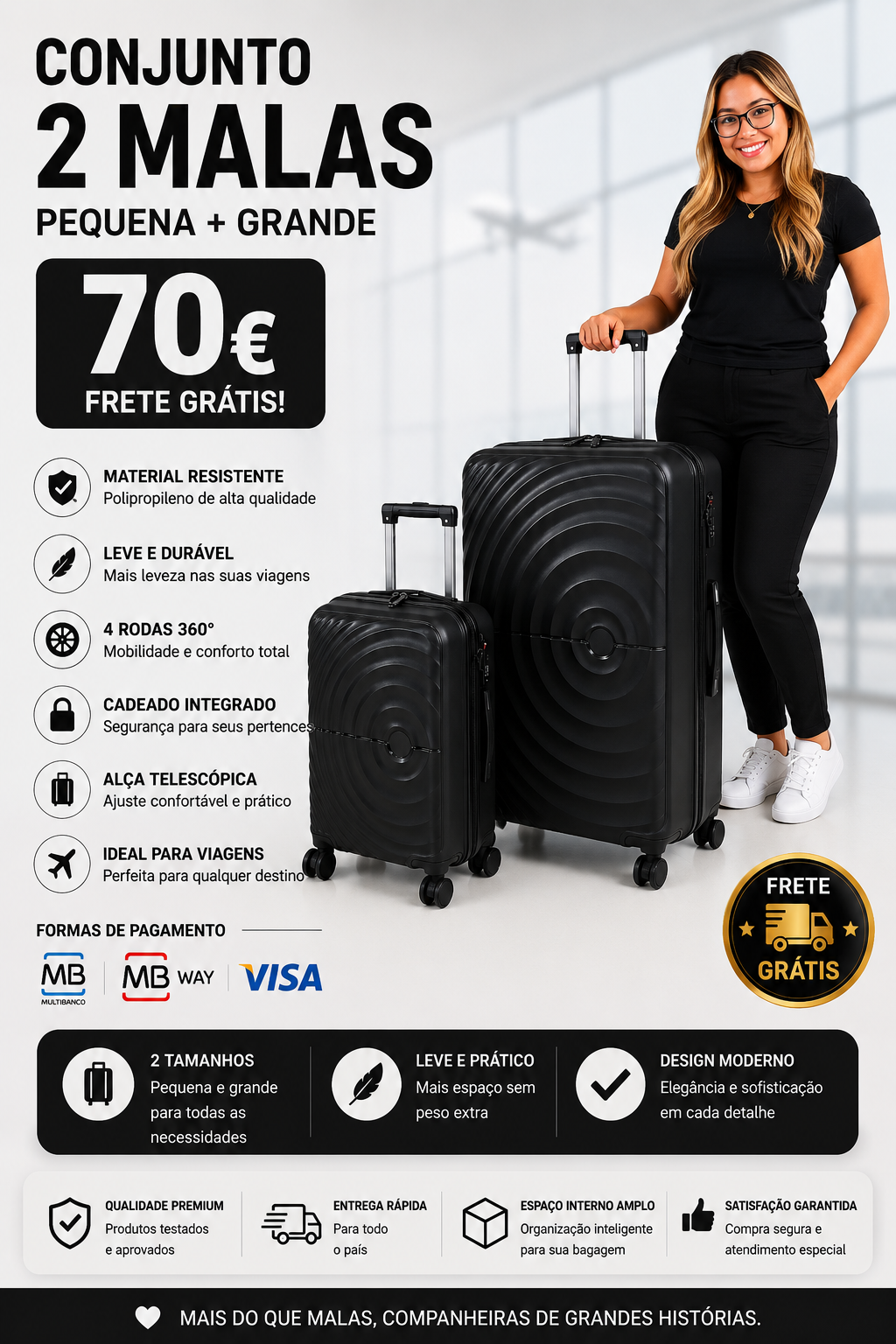 Conjunto 2 Mala de Viagem (Pequeno+Grande) Material Polipropileno Premium