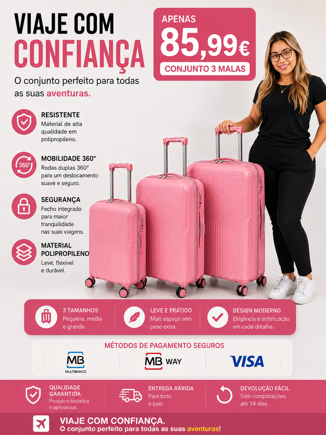 Conjunto 3 Mala de Viagem (Pequeno+Média+Grande) Material Polipropileno