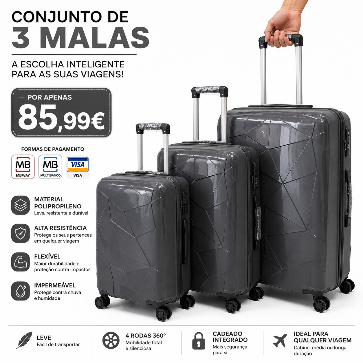 Conjunto 3 Mala de Viagem (Pequeno+Média+Grande) Material Polipropileno