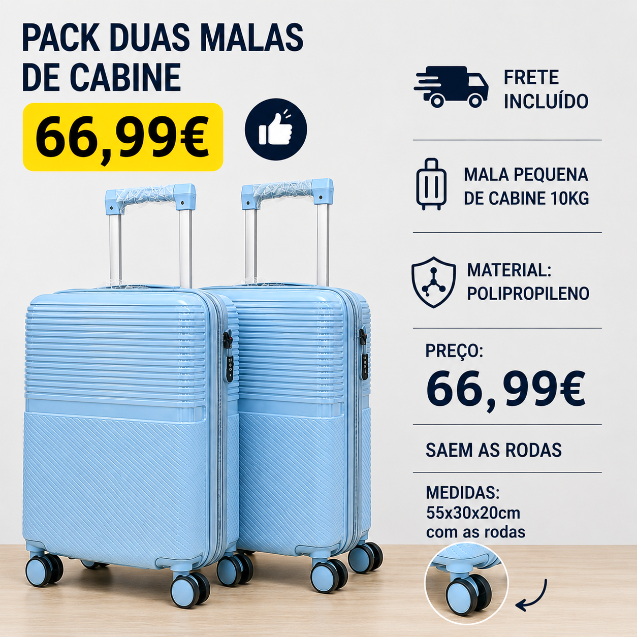 Conjunto 2 Mala de Viagem (Pequeno+Grande) Material Polipropileno Premium