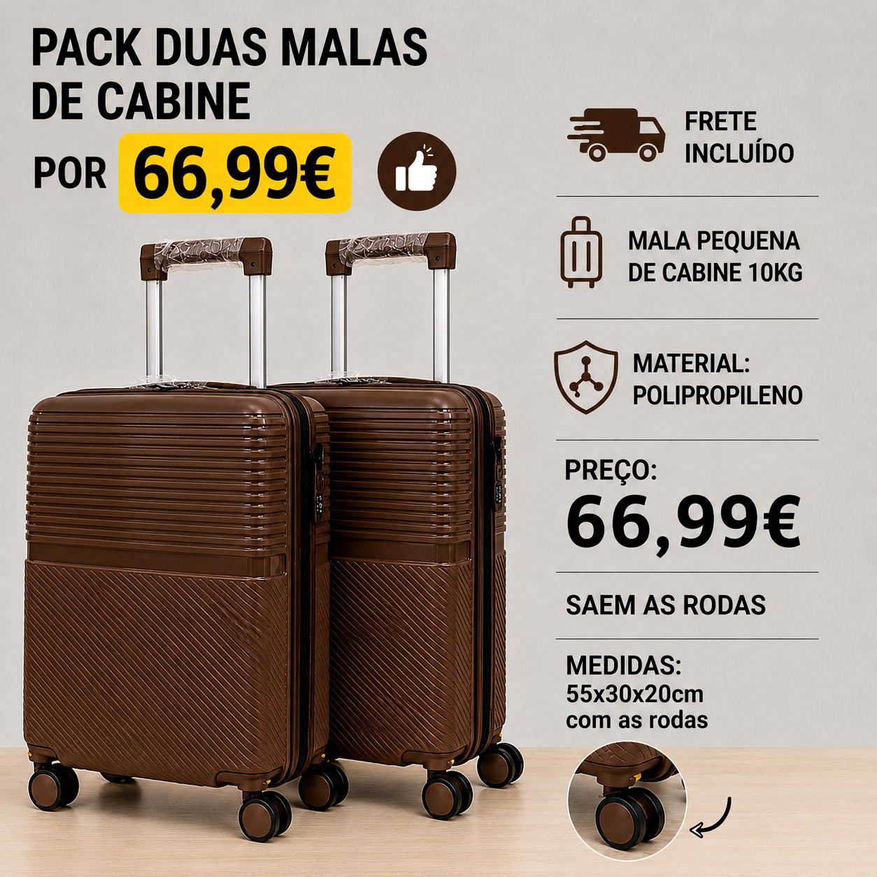Conjunto 2 Malas de Viagem Pequena/ Cabine (Saem Rodas) Material em Polipropileno Premium