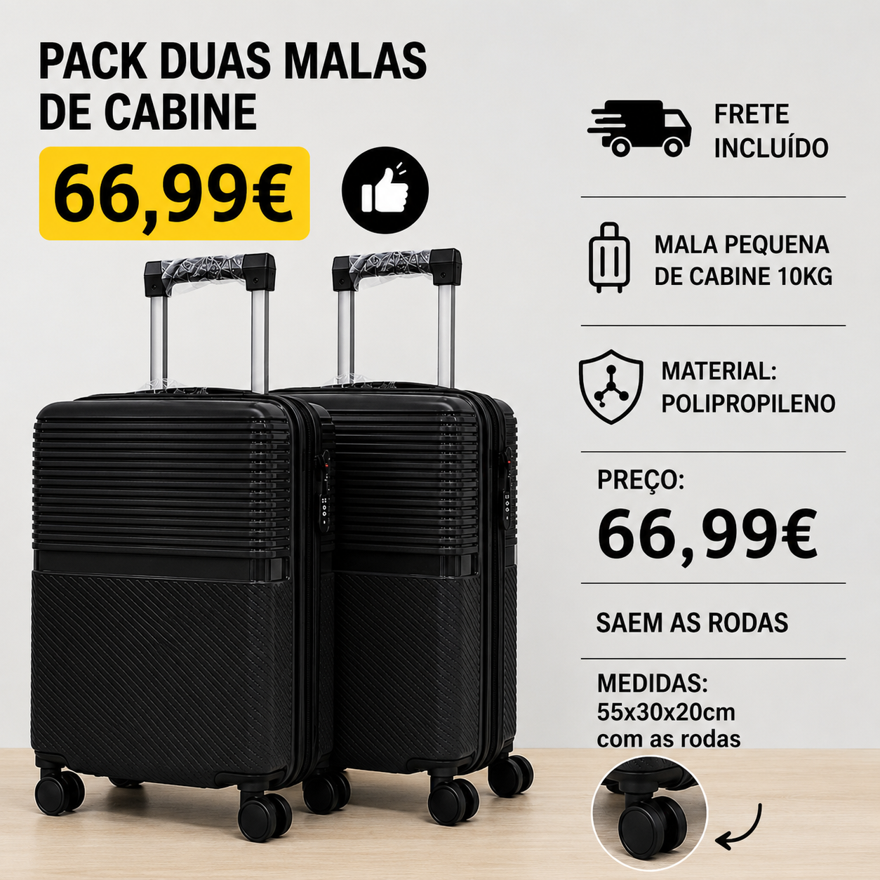 Conjunto 2 Malas de Viagem Pequena/ Cabine (Saem Rodas) Material em Polipropileno Premium