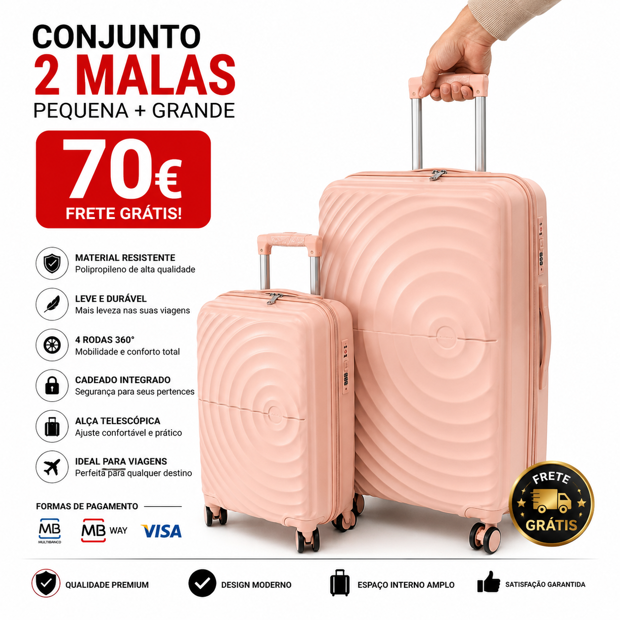 Conjunto 2 Mala de Viagem (Pequeno+Grande) Material Polipropileno Premium