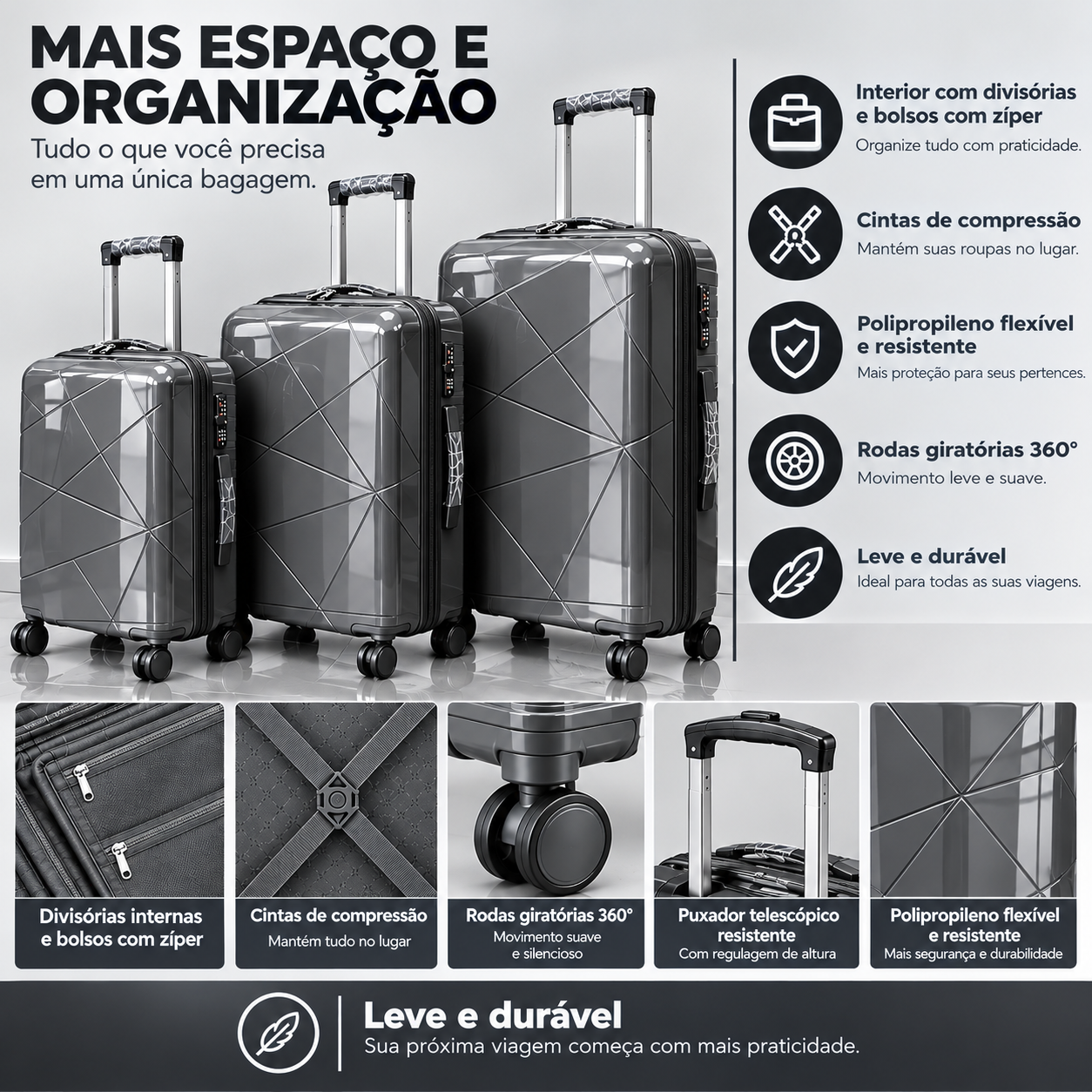 Conjunto 3 Mala de Viagem (Pequeno+Média+Grande) Material Polipropileno "Cinza"