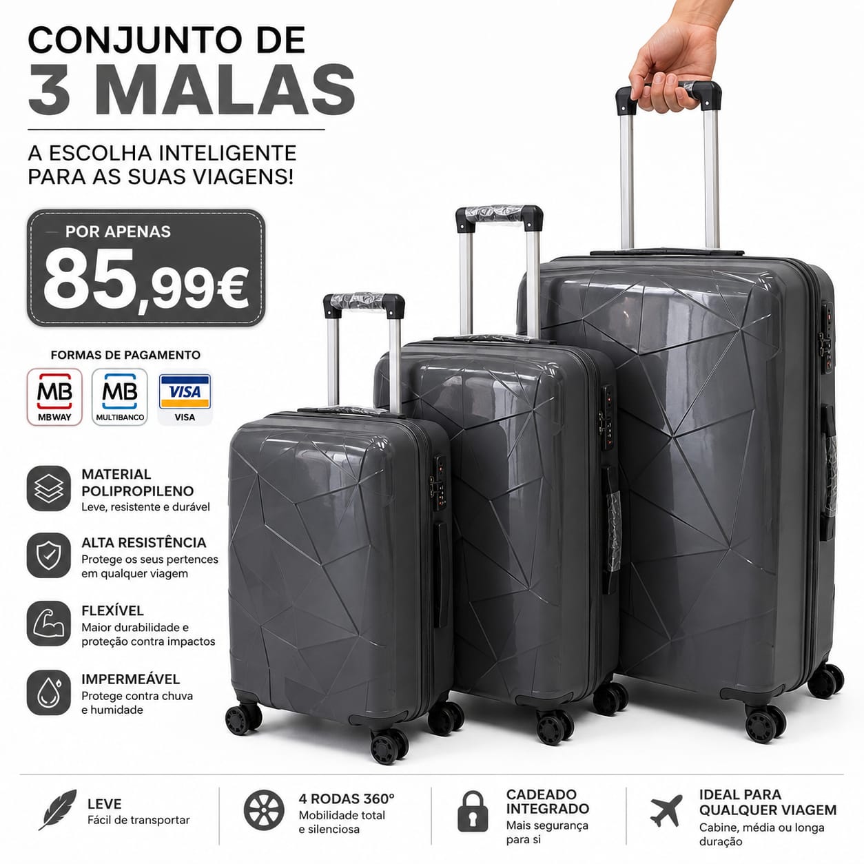 Conjunto 3 Mala de Viagem (Pequeno+Média+Grande) Material Polipropileno