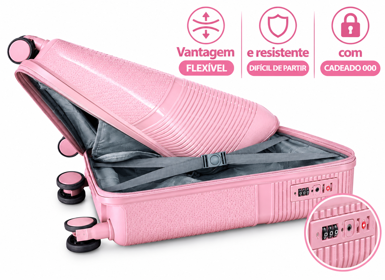 Conjunto 3 Mala de Viagem (Pequeno+Média+Grande) Material Polipropileno "Rosa"