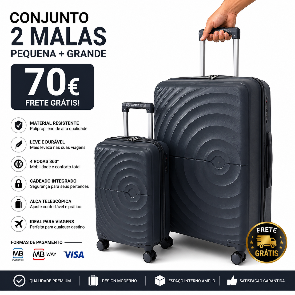 Conjunto 2 Mala de Viagem (Pequeno+Grande) Material Polipropileno Premium