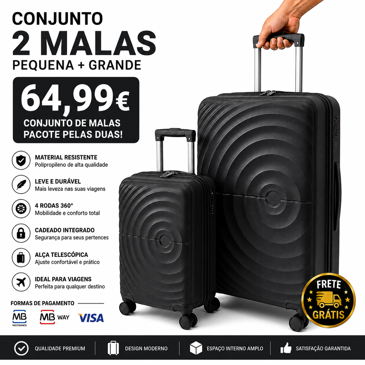 Conjunto 2 Mala de Viagem (Pequeno+Grande) Material Polipropileno Premium "Preto"