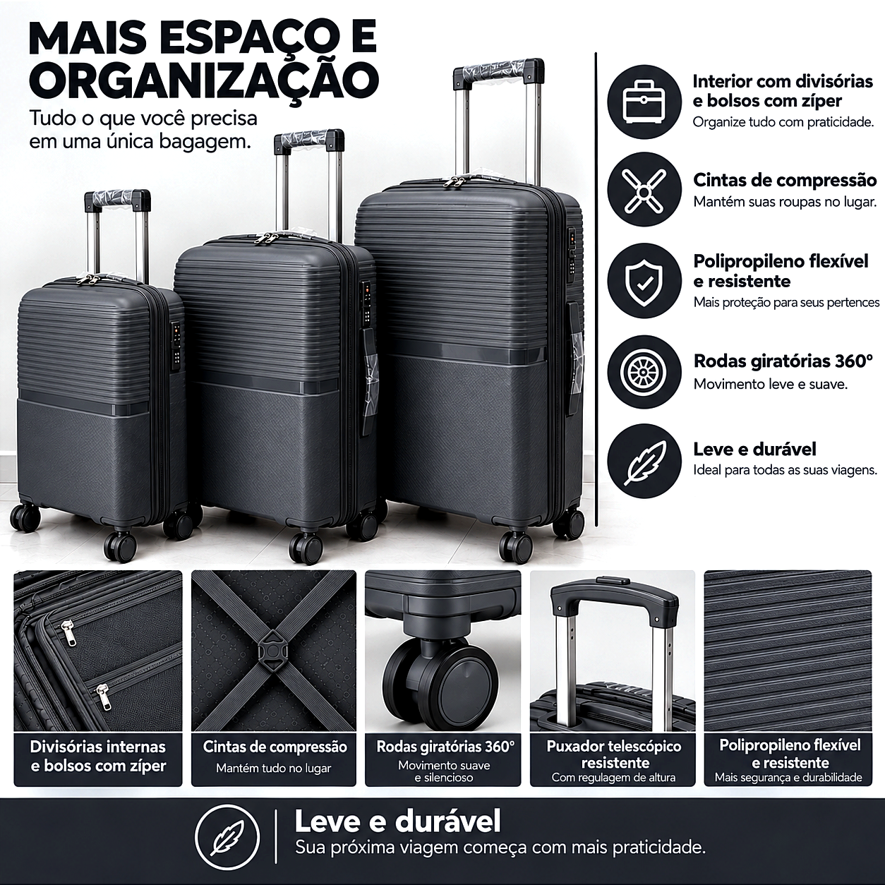 Conjunto 3 Mala de Viagem (Pequeno+Média+Grande) Material Polipropileno "cinza" PROMOÇÃO ÚLTIMAS: 85€