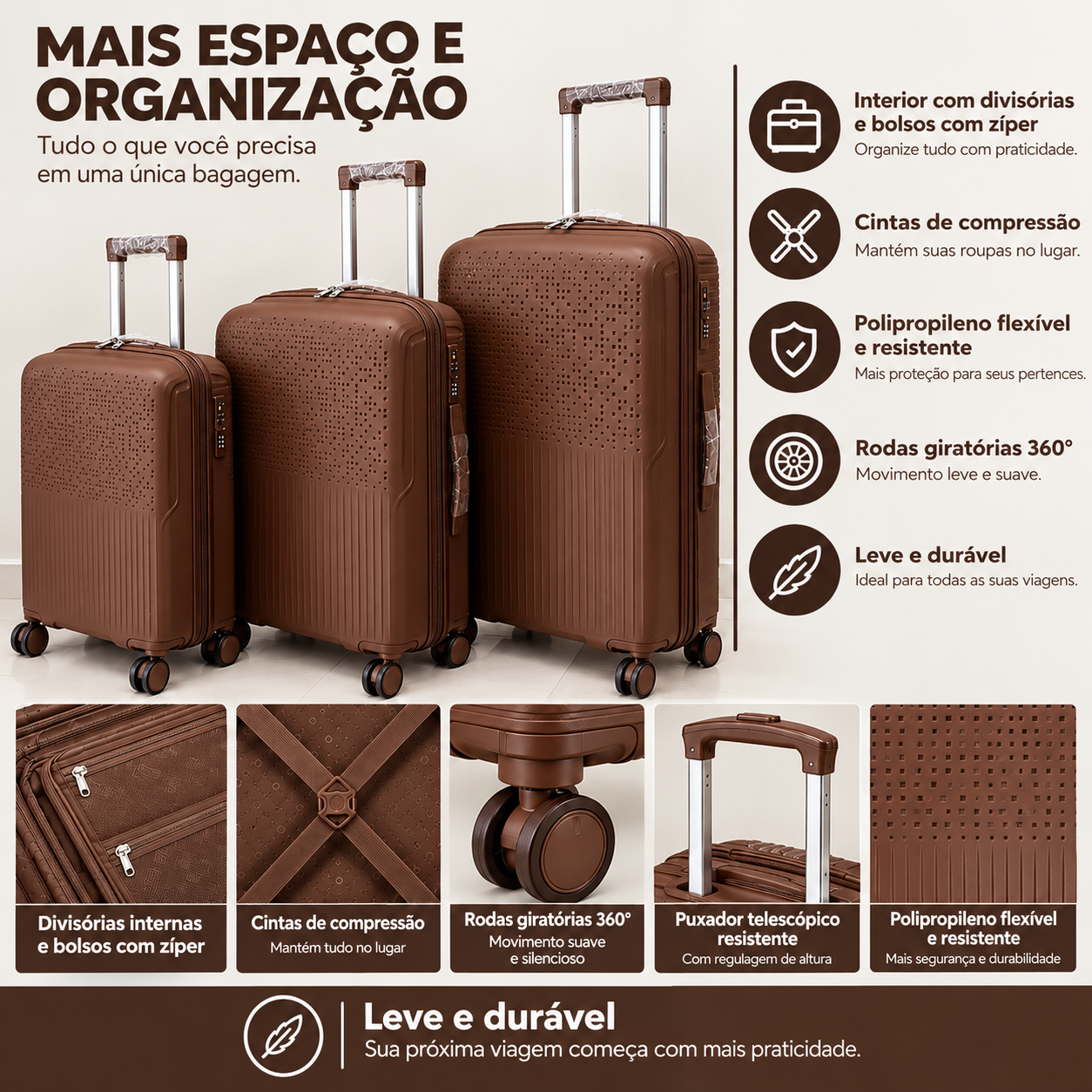 Conjunto 3 Mala de Viagem (Pequeno+Média+Grande) Material Polipropileno "castanho" PROMOÇÃO ÚLTIMAS: 85€ foto 5