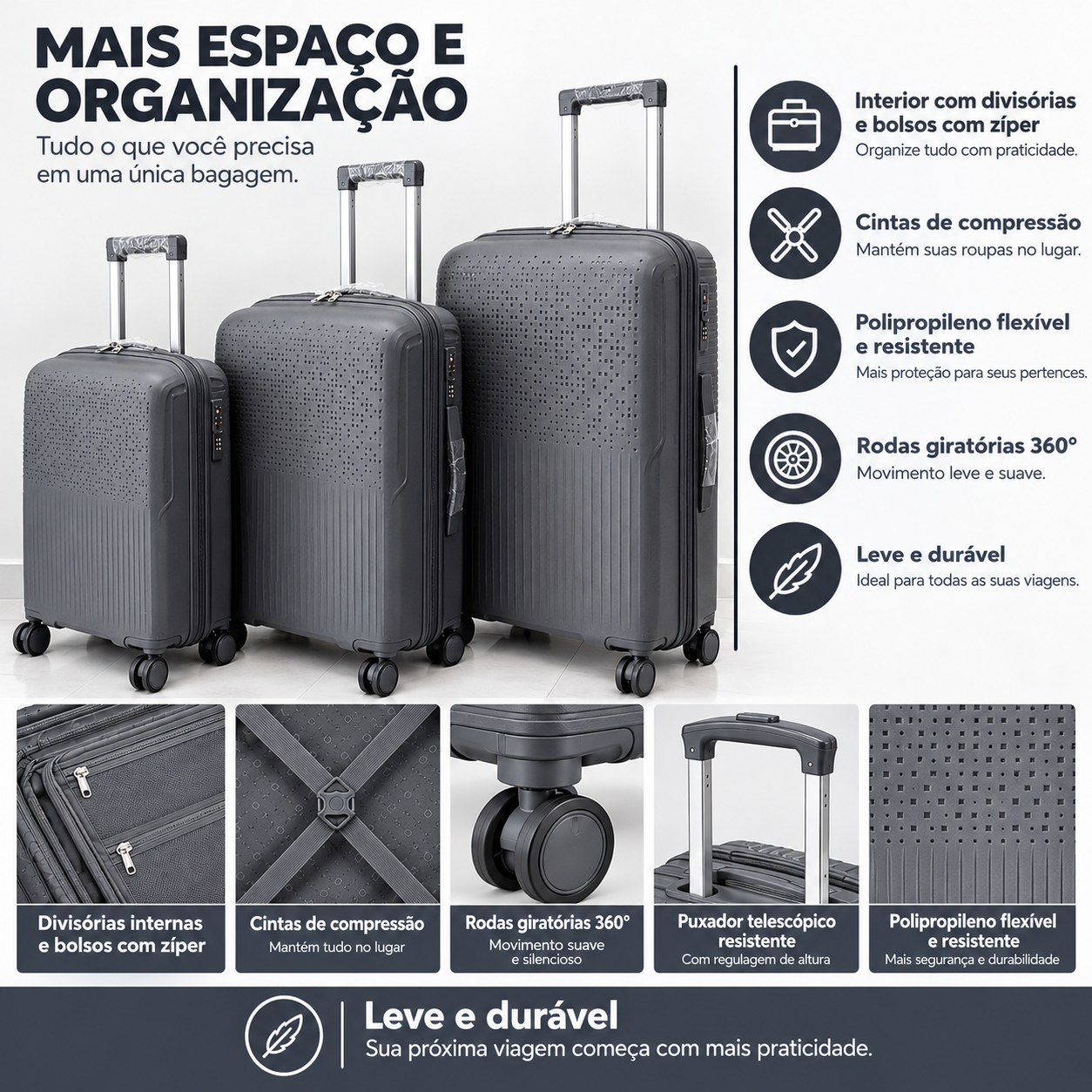 Conjunto 3 Mala de Viagem (Pequeno+Média+Grande) Material Polipropileno "cinza" PROMOÇÃO ÚLTIMAS: 85€ foto 5