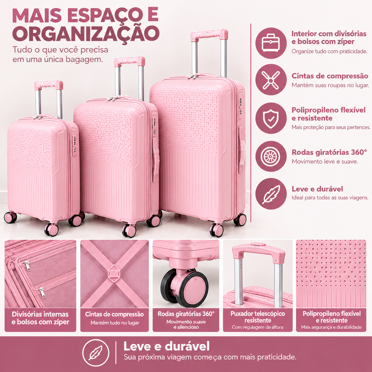 Conjunto 3 Mala de Viagem (Pequeno+Média+Grande) Material Polipropileno "ROSA" PROMOÇÃO ÚLTIMAS: 85€
