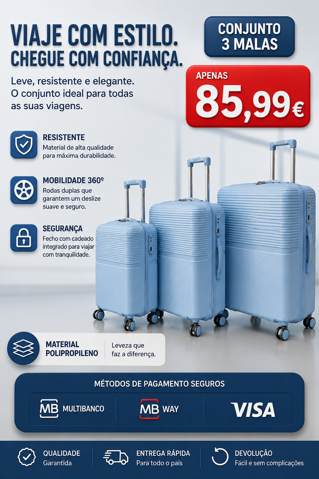 Conjunto 3 Mala de Viagem (Pequeno+Média+Grande) Material Polipropileno