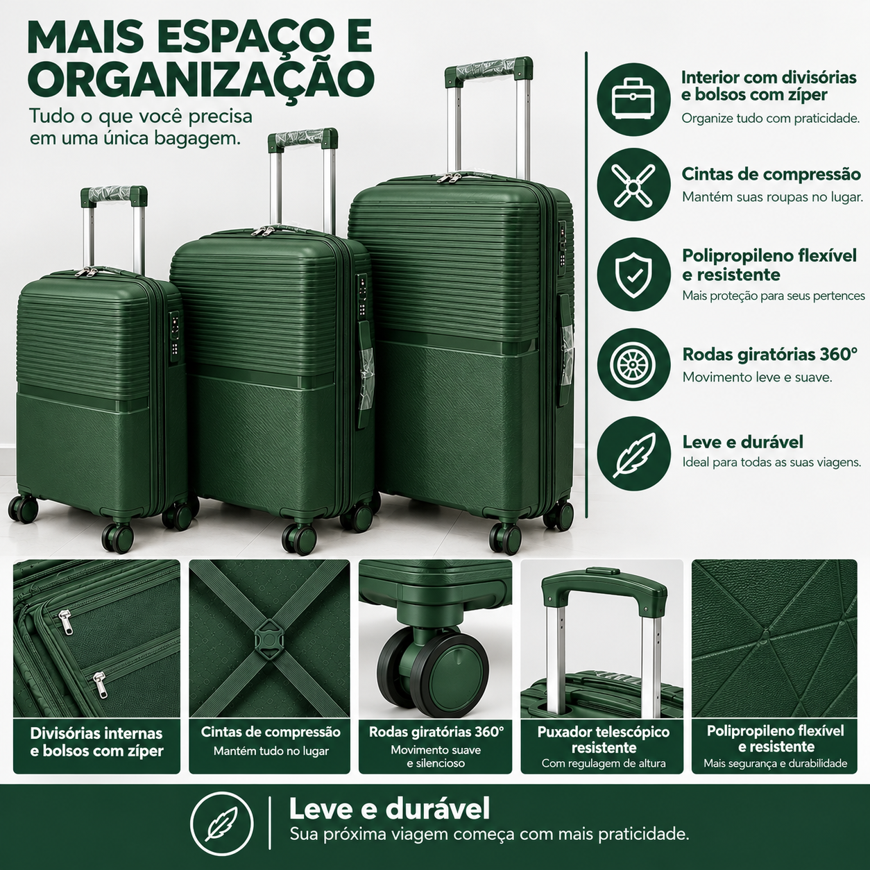 Conjunto 3 Mala de Viagem (Pequeno+Média+Grande) Material Polipropileno "Verde"