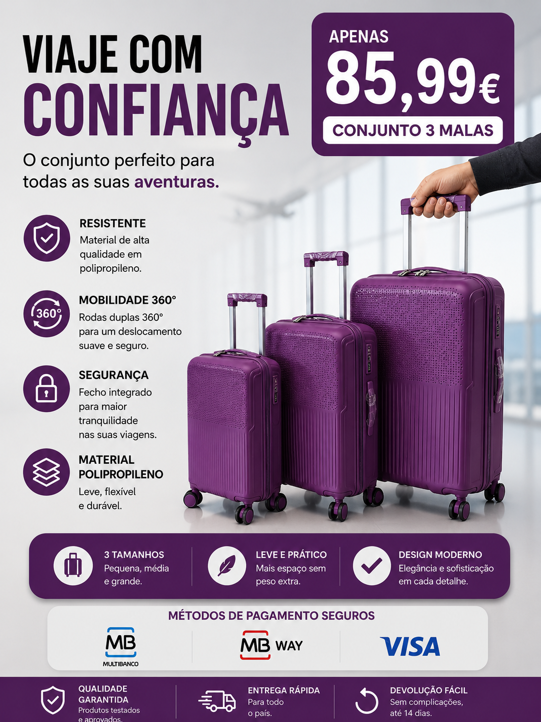 Conjunto 3 Mala de Viagem (Pequeno+Média+Grande) Material Polipropileno