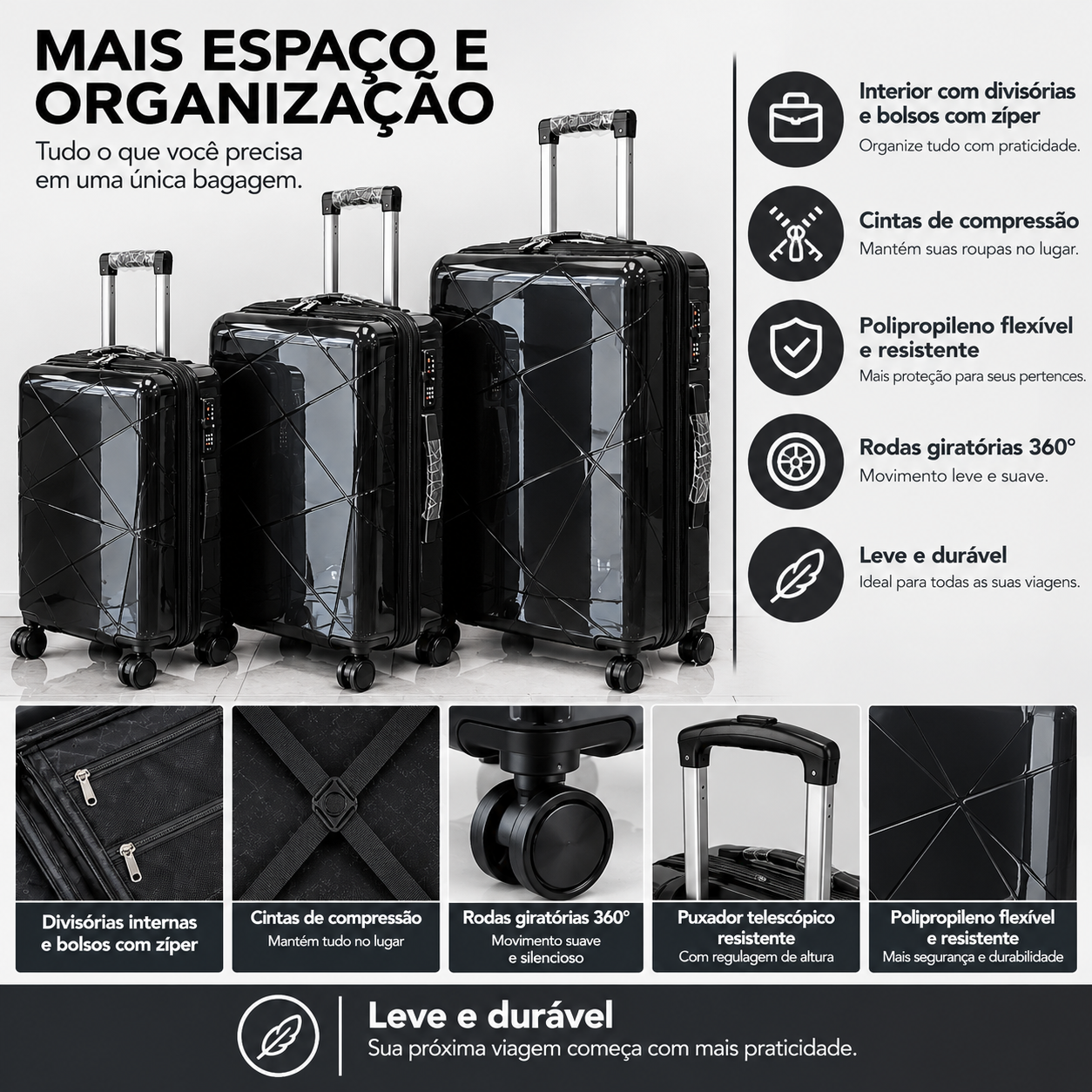 Conjunto 3 Mala de Viagem (Pequeno+Média+Grande) Material Polipropileno "Preto"