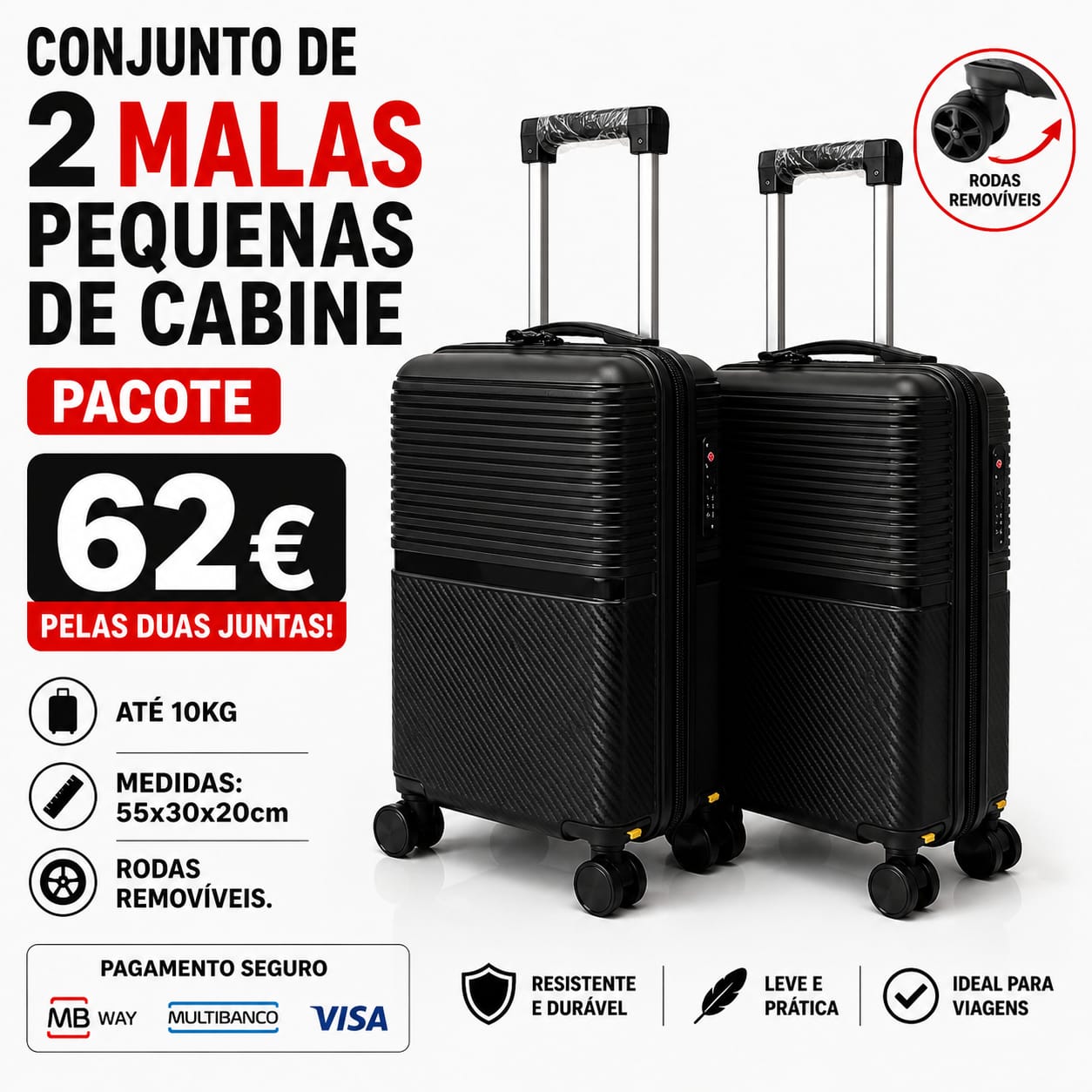 Conjunto de 2 Malas Viagem Pequena/ Cabine (Saem Rodas) Material em Polipropileno