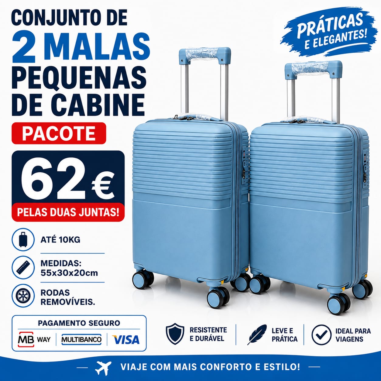 Conjunto de 2 Malas Viagem Pequena/ Cabine (Saem Rodas) Material em Polipropileno