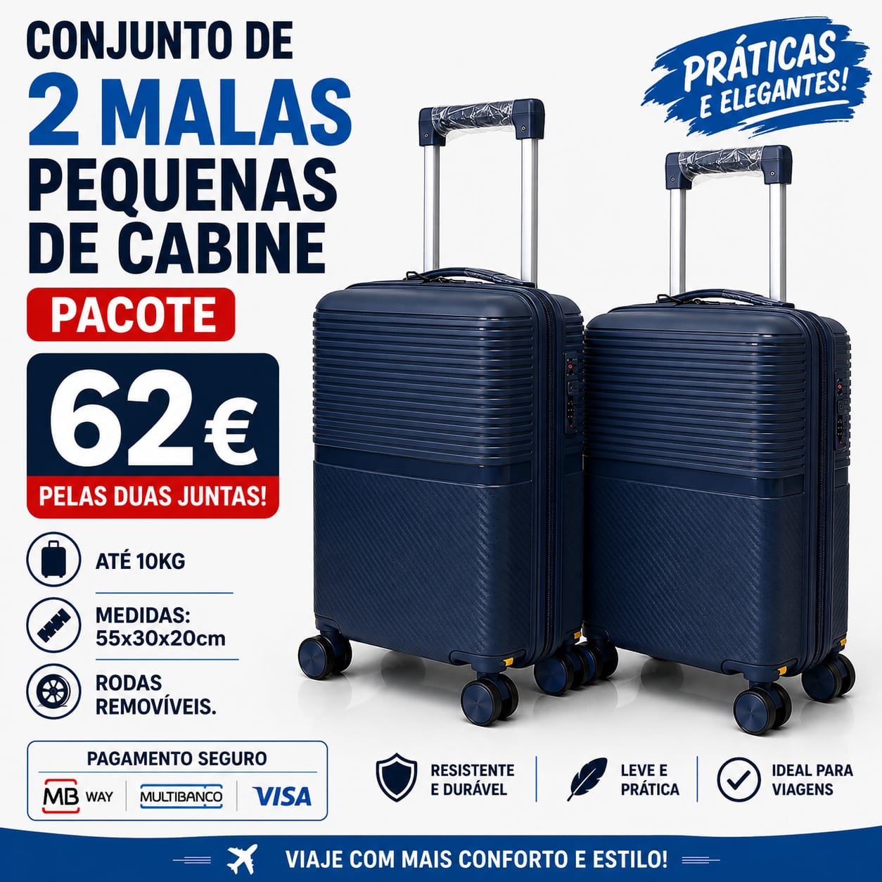 Conjunto de 2 Malas Viagem Pequena/ Cabine (Saem Rodas) Material em Polipropileno