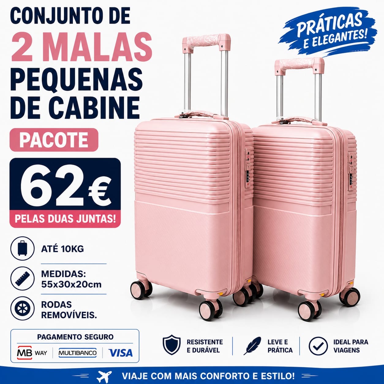 Conjunto de 2 Malas Viagem Pequena/ Cabine (Saem Rodas) Material em Polipropileno