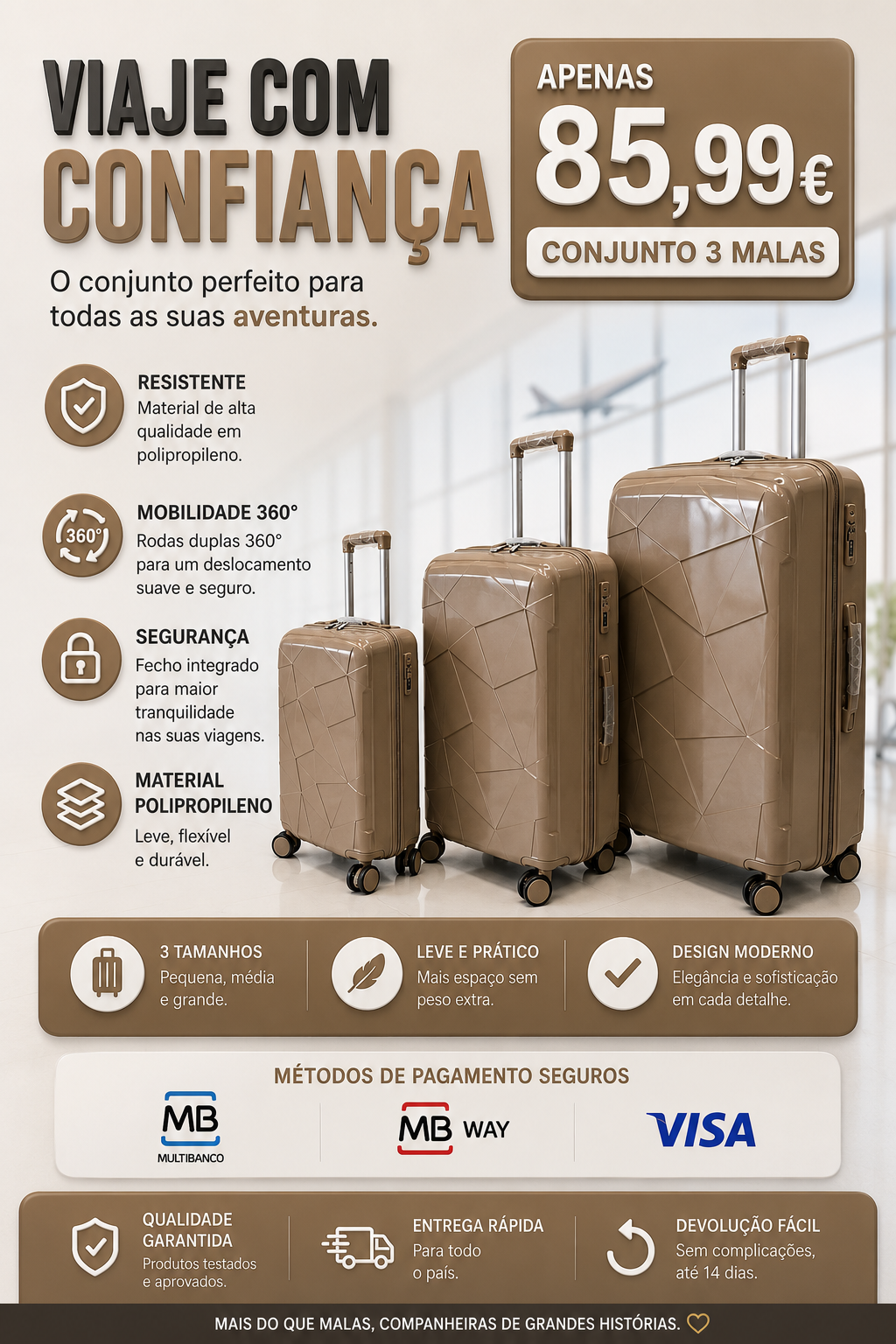 Conjunto 3 Mala de Viagem (Pequeno+Média+Grande) Material Polipropileno