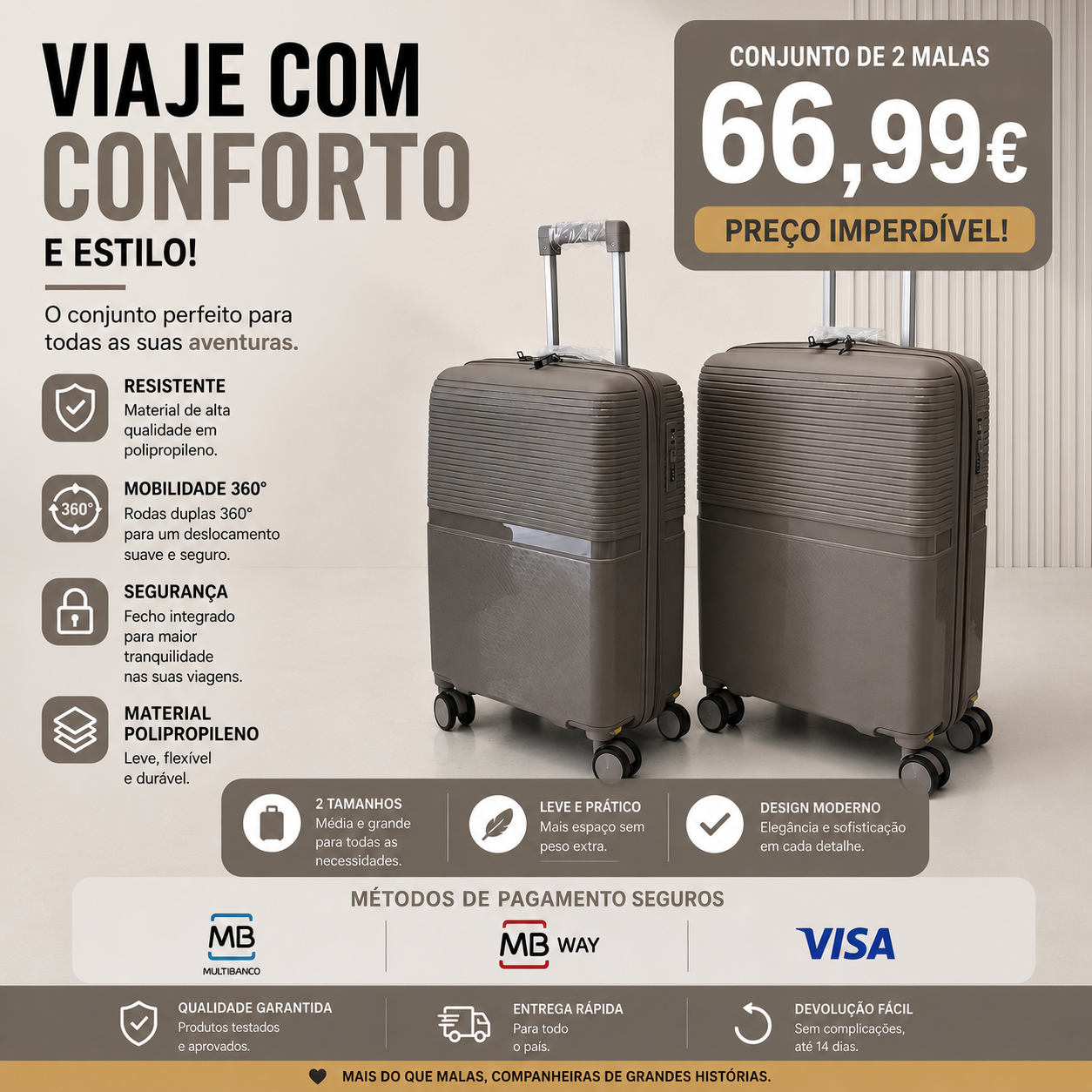 Conjunto 2 Malas de Viagem Pequena/ Cabine (Saem Rodas) Material em Polipropileno Premium