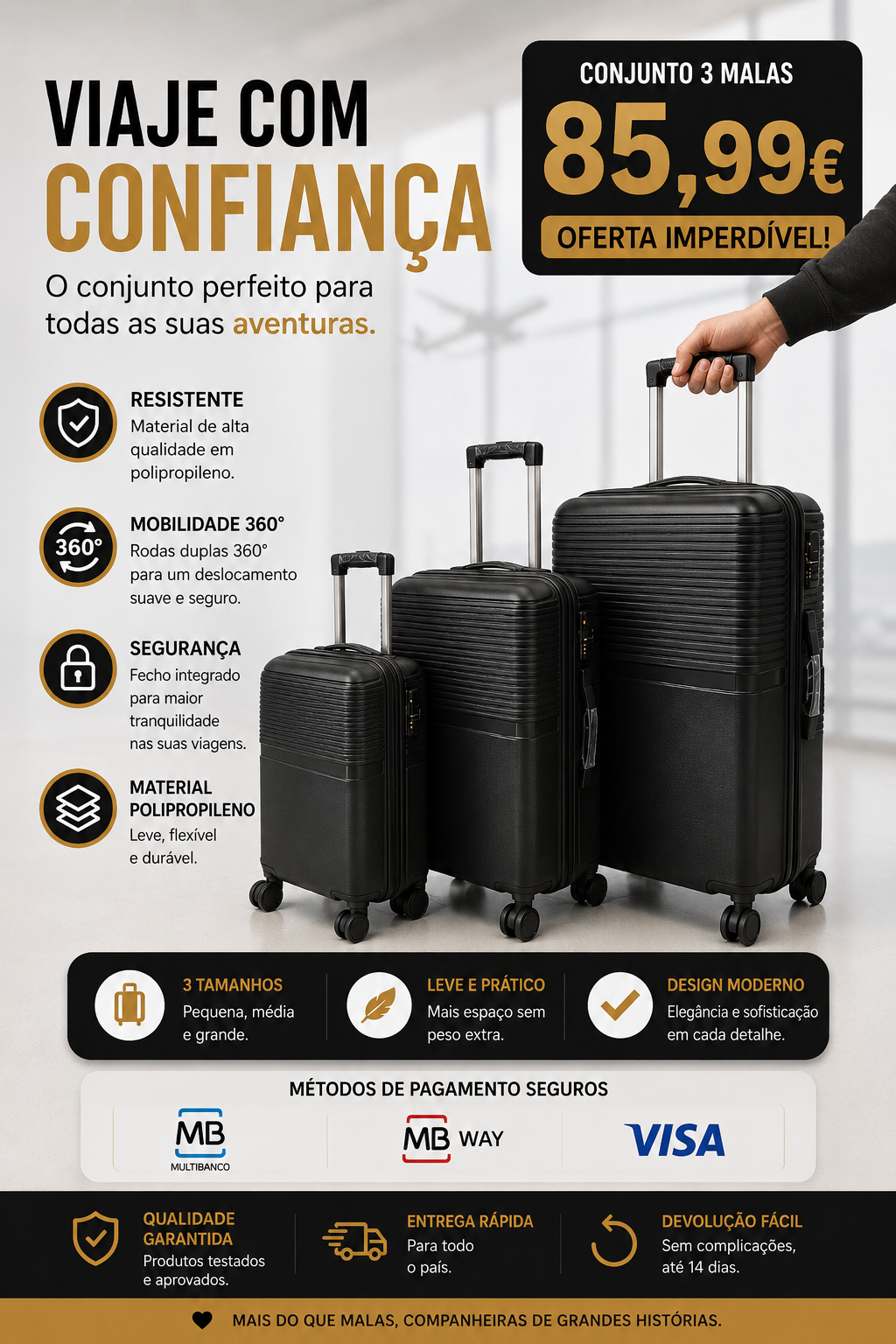 Conjunto 3 Mala de Viagem (Pequeno+Média+Grande) Material Polipropileno