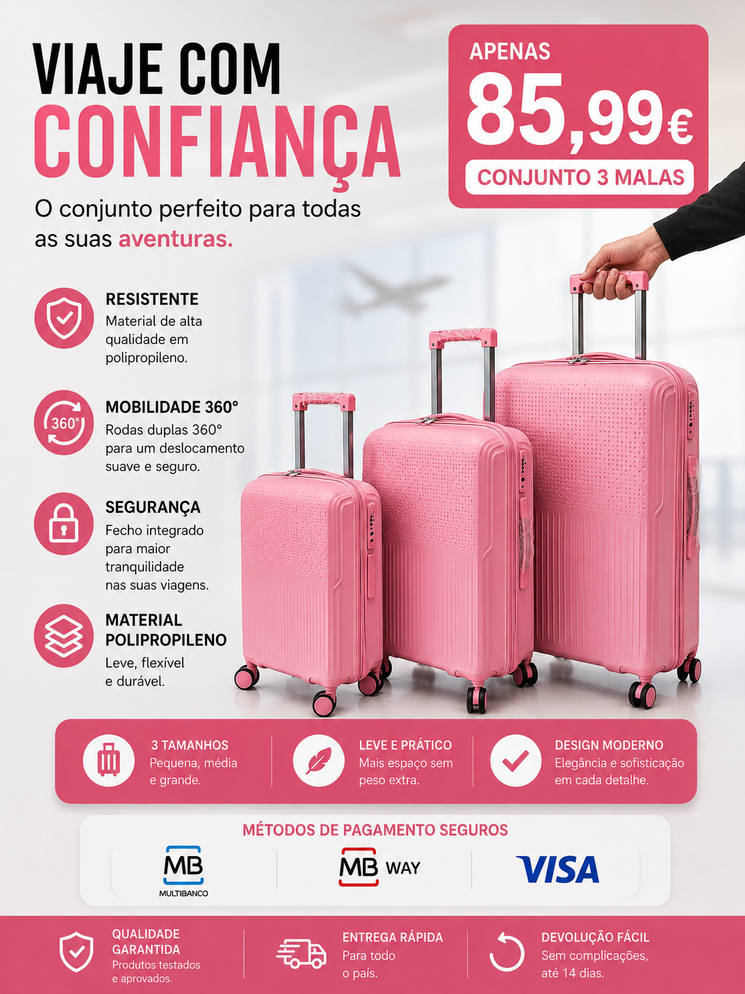 Conjunto 3 Mala de Viagem (Pequeno+Média+Grande) Material Polipropileno