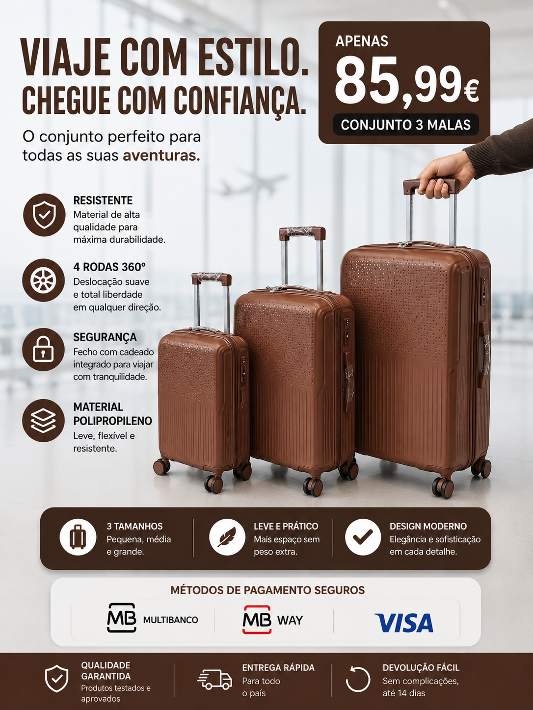 Conjunto 3 Mala de Viagem (Pequeno+Média+Grande) Material Polipropileno