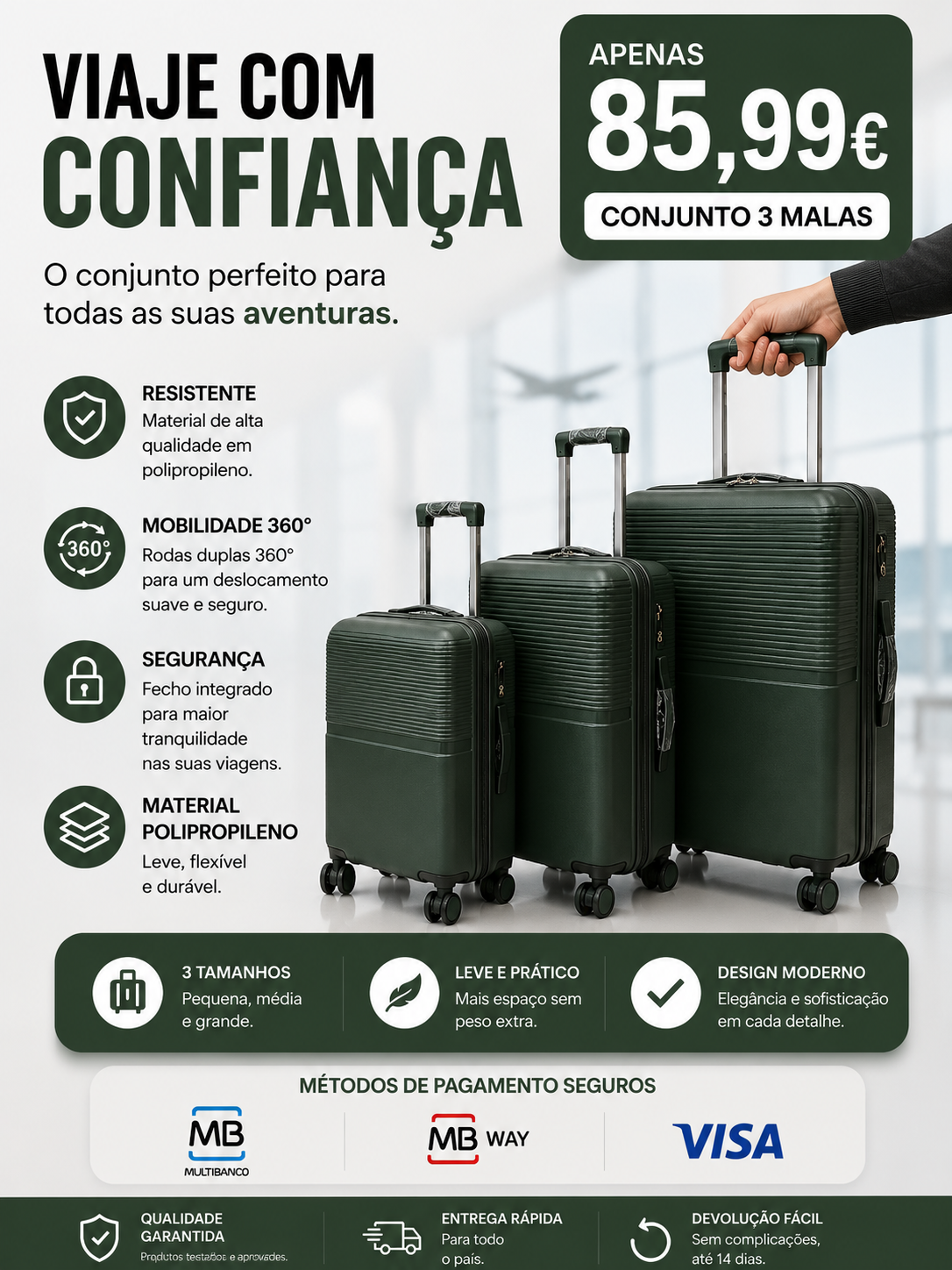 Conjunto 3 Mala de Viagem (Pequeno+Média+Grande) Material Polipropileno
