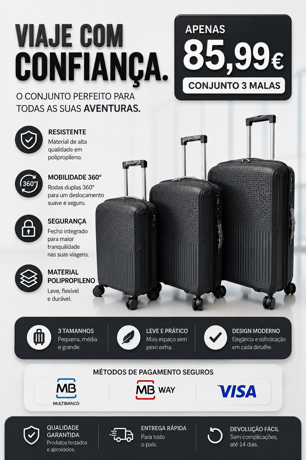 Conjunto 3 Mala de Viagem (Pequeno+Média+Grande) Material Polipropileno