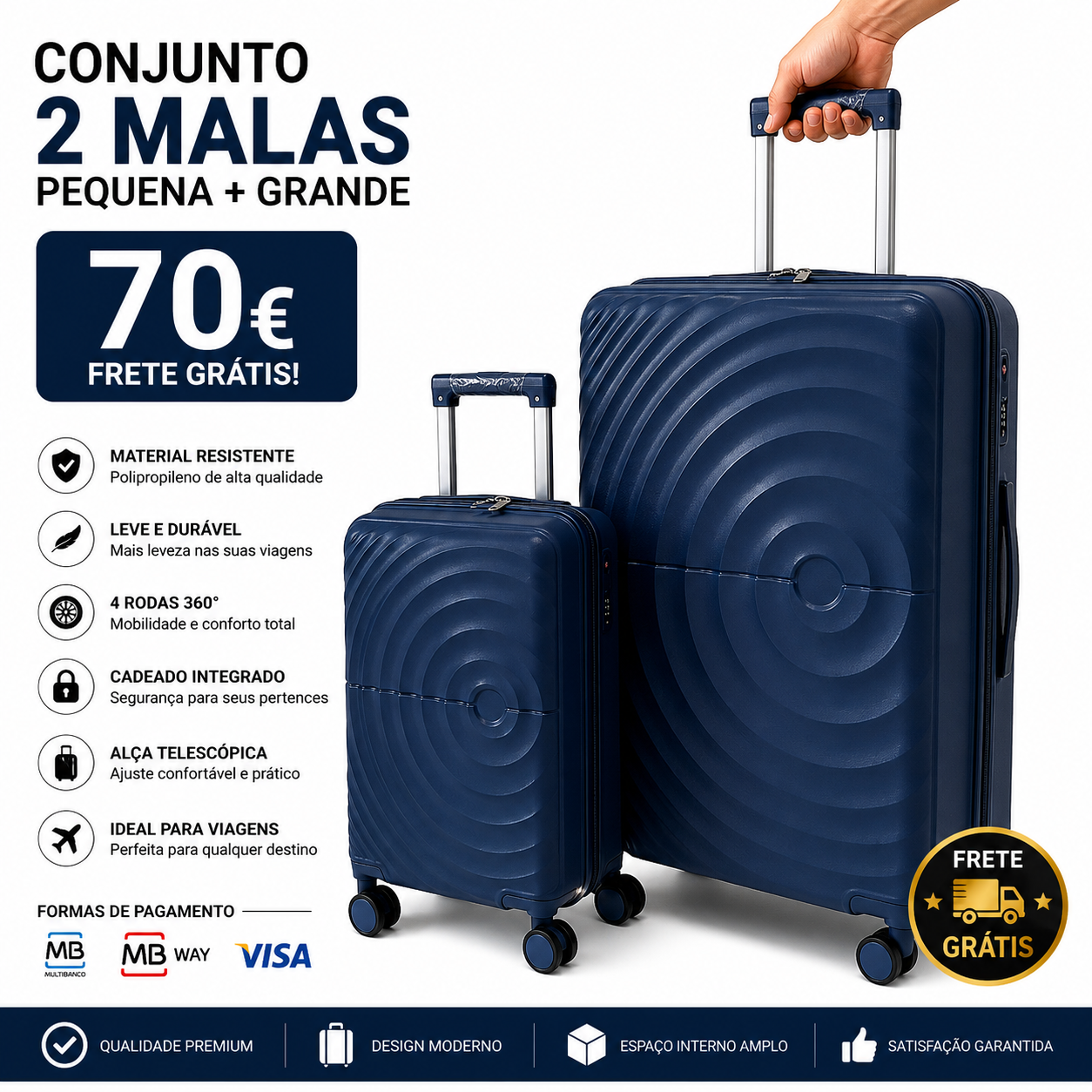 Conjunto 2 Mala de Viagem (Pequeno+Grande) Material Polipropileno Premium