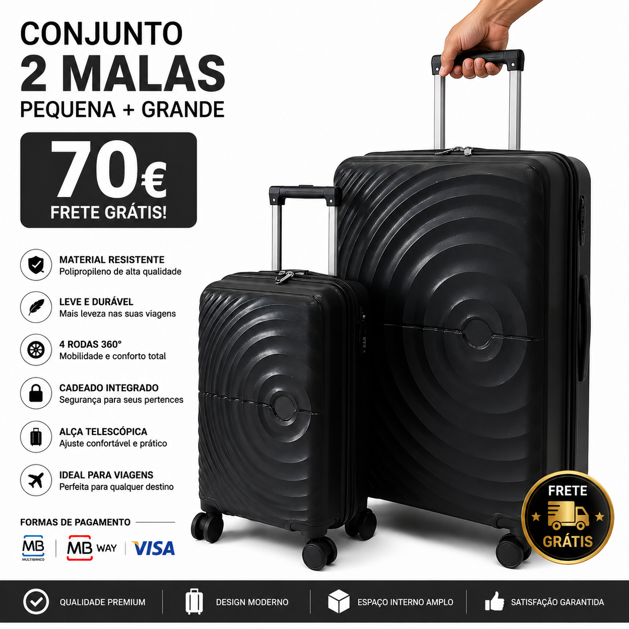 Conjunto 2 Mala de Viagem (Pequeno+Grande) Material Polipropileno Premium