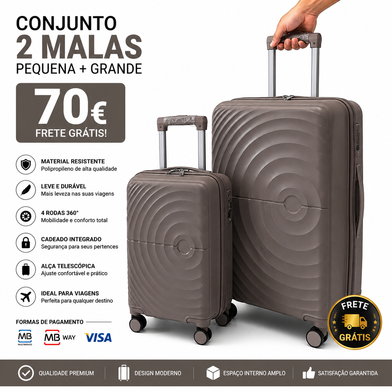 Conjunto 2 Mala de Viagem (Pequeno+Grande) Material Polipropileno Premium