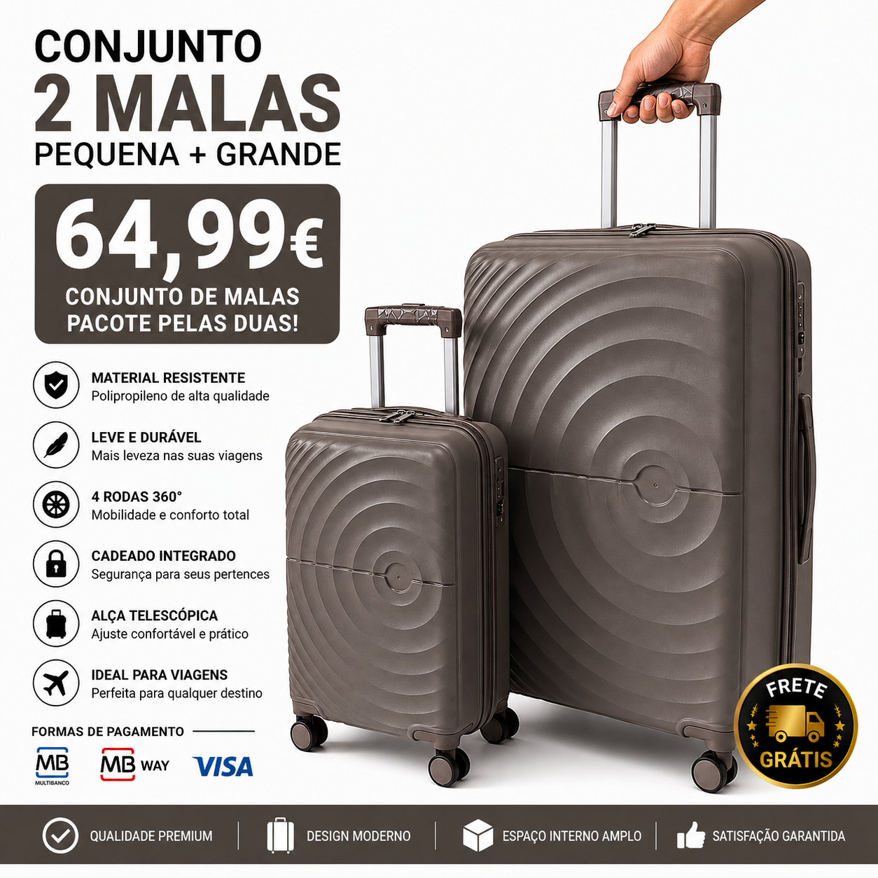 Conjunto 2 Mala de Viagem (Pequeno+Grande) Material Polipropileno Premium